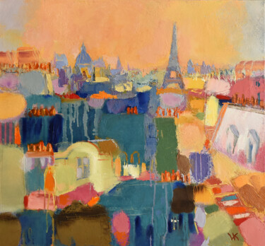 Painting titled "Over the rooftops o…" by Volodymyr Kolesnyk, Original Artwork, Oil Mounted on Wood Stretcher frame