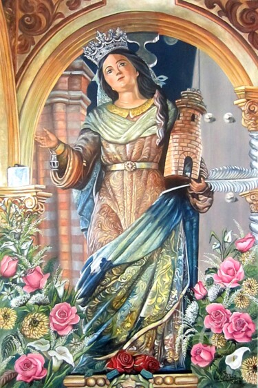 Painting titled "Santa Bárbara" by V.Oña, Original Artwork, Oil Mounted on Wood Stretcher frame