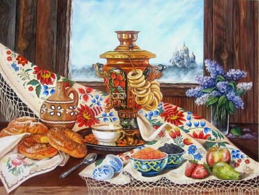 Peinture intitulée "Bodegón ruso con sa…" par V.Oña, Œuvre d'art originale, Huile Monté sur Châssis en bois