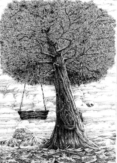 Zeichnungen mit dem Titel "Árvore e o balanço" von Voz Khumallo, Original-Kunstwerk, Gel Stift