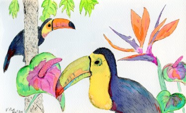 Peinture intitulée "Oiseaux de paradis" par Virginie Piatti, Œuvre d'art originale, Encre