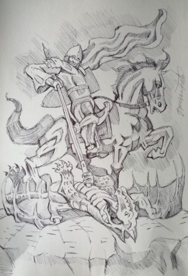 Disegno intitolato "Knight killing a dr…" da Rade Vranjkovic, Opera d'arte originale, Biro