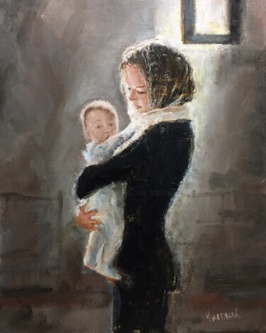 Pintura titulada "Girl and little bab…" por Vsevolod Chistiakov, Obra de arte original, Oleo
