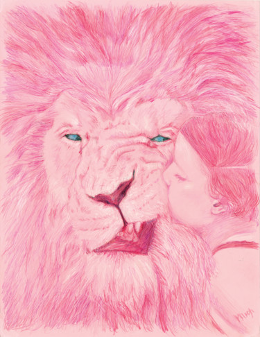 Dessin intitulée "Girl and lion" par Vladimir Tyuryaev, Œuvre d'art originale, Crayon