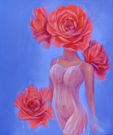 Painting titled "Girl with Red Flowe…" by Elena Vybiranets, Original Artwork, Oil Mounted on Wood Stretcher frame