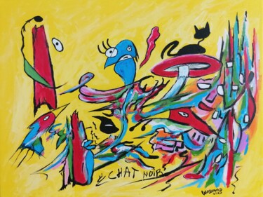 Painting titled "Chat Noir ciel jaune" by Wabyanko, Original Artwork, Acrylic Mounted on Wood Stretcher frame