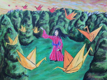 Malarstwo zatytułowany „Sadako Cranes” autorstwa Wabyanko, Oryginalna praca, Akryl