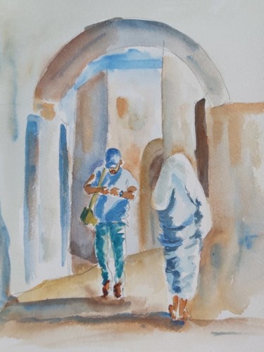 Painting titled "Tunisian medina" by Wahib Marghli, Original Artwork, Watercolor