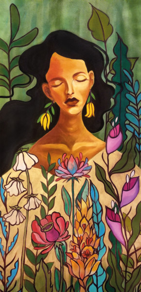 Картина под названием "Jardin de fleurs" - Yuk Wa Yu, Подлинное произведение искусства, Акрил
