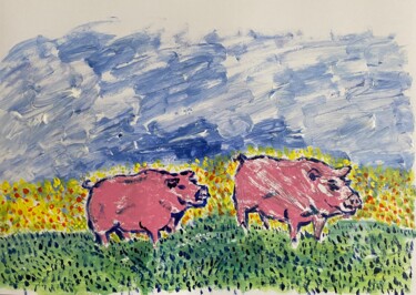 Zeichnungen mit dem Titel "Pigs in the field" von Waldemar Pars, Original-Kunstwerk, Acryl