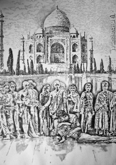 Tekening getiteld "Tragédie au Taj Mah…" door Walid Lemkecher, Origineel Kunstwerk, Potlood