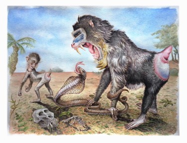 Painting titled "monkeys-and-snake-1…" by Robert Décurey, Original Artwork, Watercolor