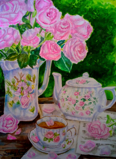 Painting titled "Pink roses flower b…" by Watercolor Whisper, Original Artwork, Watercolor