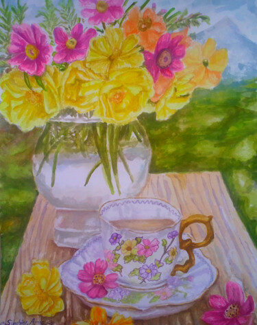 Painting titled "Cosmo flowers in a…" by Watercolor Whisper, Original Artwork, Watercolor