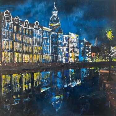 Painting titled "Amsterdam at night" by Wendy Van Putten Art, Original Artwork, Acrylic