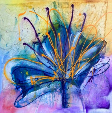 绘画 标题为“Flower Blue Special” 由Wil Lof, 原创艺术品, 丙烯 安装在木质担架架上