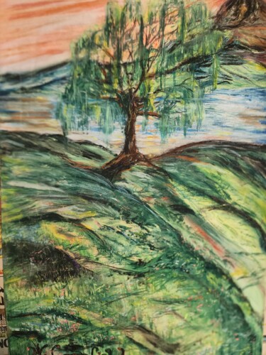Painting titled "Hazy Tree Lake" by Wiley Coonfield, Original Artwork, Pastel
