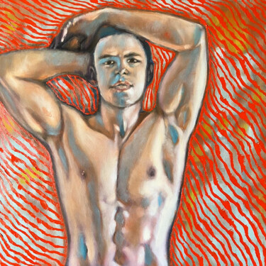 Painting titled "Pose au Masculin" by Wilhelm, Original Artwork, Oil Mounted on Wood Panel