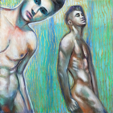 Painting titled "COUPLE D'HOMMES NUS…" by Wilhelm, Original Artwork, Oil