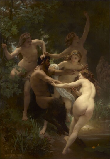 Peinture intitulée "Nymphes et satyre" par William Adolphe Bouguereau, Œuvre d'art originale, Huile