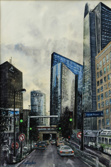 Peinture intitulée "La Défense à Paris" par William Castaño, Œuvre d'art originale, Aquarelle