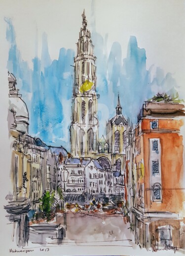 图画 标题为“Antwerpen Cathedral” 由Wimvandewege, 原创艺术品, 墨