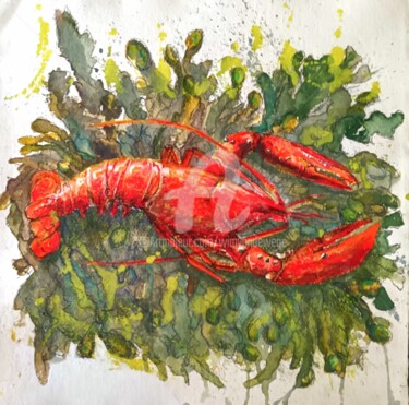 Картина под названием "Lobster on seaweed" - Wimvandewege, Подлинное произведение искусства, Гуашь