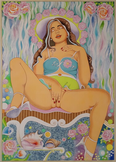Ζωγραφική με τίτλο "Rose Girl" από Winfried Musial, Αυθεντικά έργα τέχνης, Ακουαρέλα