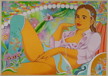 Pintura intitulada "Young Girl looking…" por Winfried Musial, Obras de arte originais, Aquarela
