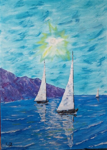 Peinture intitulée "Яхты в море" par Wladimir Zizilin, Œuvre d'art originale, Acrylique