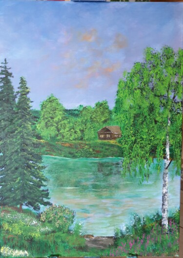 Картина под названием "Домик у речки." - Wladimir Zizilin, Подлинное произведение искусства, Акрил