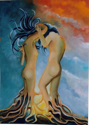 Painting titled "enracinement" by Martine Woellet, Original Artwork, Oil