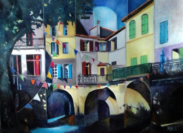 Pintura titulada "Place du marché à S…" por Martine Woellet, Obra de arte original, Oleo Montado en Bastidor de camilla de m…