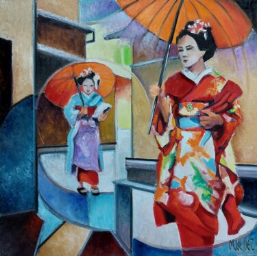 Schilderij getiteld "geishas" door Martine Woellet, Origineel Kunstwerk, Olie Gemonteerd op Frame voor houten brancard