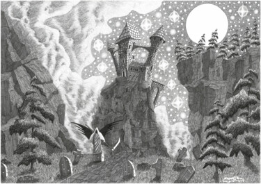 Zeichnungen mit dem Titel "Castle" von Wojciech Baran, Original-Kunstwerk, Tinte