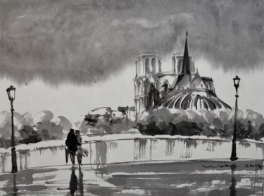 Картина под названием "Notre Dame de Paris" - Wa Wong, Подлинное произведение искусства, Чернила