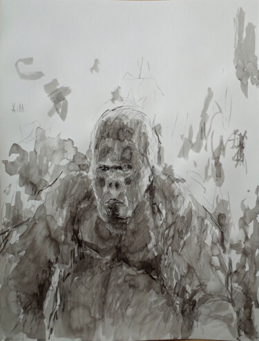 Картина под названием "Gorille" - Xavier Auffret, Подлинное произведение искусства, Чернила