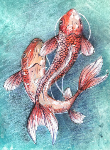 Pintura intitulada "Dancing Koi" por Ksenia Lutsenko, Obras de arte originais, Aquarela