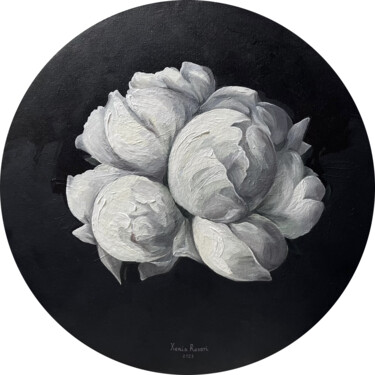 Malarstwo zatytułowany „White peonies on bl…” autorstwa Xenia Rozari, Oryginalna praca, Olej