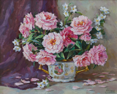 Картина под названием "Розовые розы" - Анна Сорока, Подлинное произведение искусства, Масло Установлен на Деревянная рама дл…