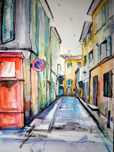 Рисунок под названием "Rue d'Aix fin de l'…" - Xi Chen, Подлинное произведение искусства, Акварель