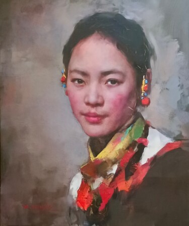 Painting titled "藏族少女" by Xiao Chuan Zhang, Original Artwork, Oil