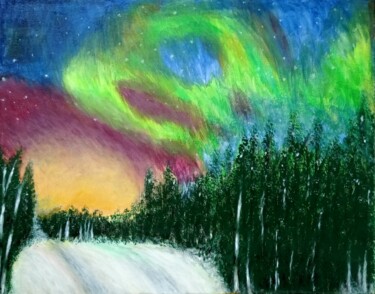 Malarstwo zatytułowany „The northern lights” autorstwa Xiaomei Li, Oryginalna praca, Akryl Zamontowany na Drewniana rama nos…