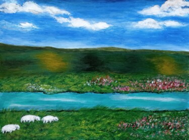 Schilderij getiteld "Sheep by the river" door Xiaomei Li, Origineel Kunstwerk, Acryl