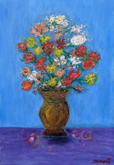 Painting titled "Still life flowers" by Xiaomei Li, Original Artwork, Oil Mounted on Wood Stretcher frame