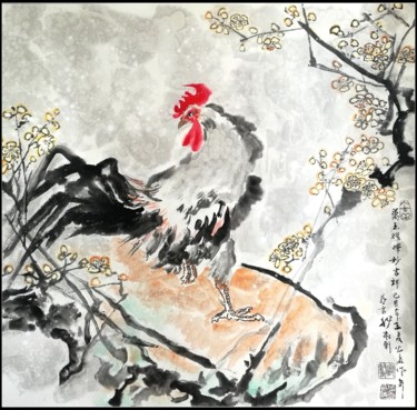 Peinture intitulée "Rooster In Snow Wit…" par Rongsong Xie Xie Rong Song, Œuvre d'art originale, Pigments