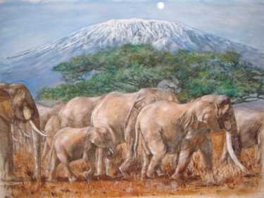 Peinture intitulée "Le troupeau d’éléph…" par Wei Mazzolini, Œuvre d'art originale, Huile