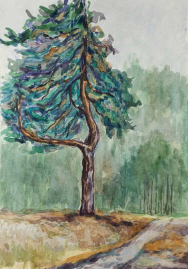 Schilderij getiteld "Strange pine tree" door Yuliya Kachan, Origineel Kunstwerk, Aquarel