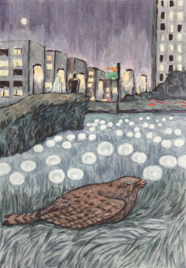 Schilderij getiteld "Nightjar in the city" door Yuliya Kachan, Origineel Kunstwerk, Aquarel