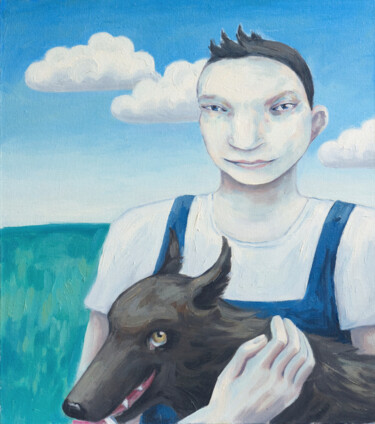 Painting titled "Boy and dog" by Yuliya Kachan, Original Artwork, Oil Mounted on Other rigid panel